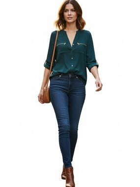 Calvin Klein Dark Teal Button-Front Blouse with Gold Zips